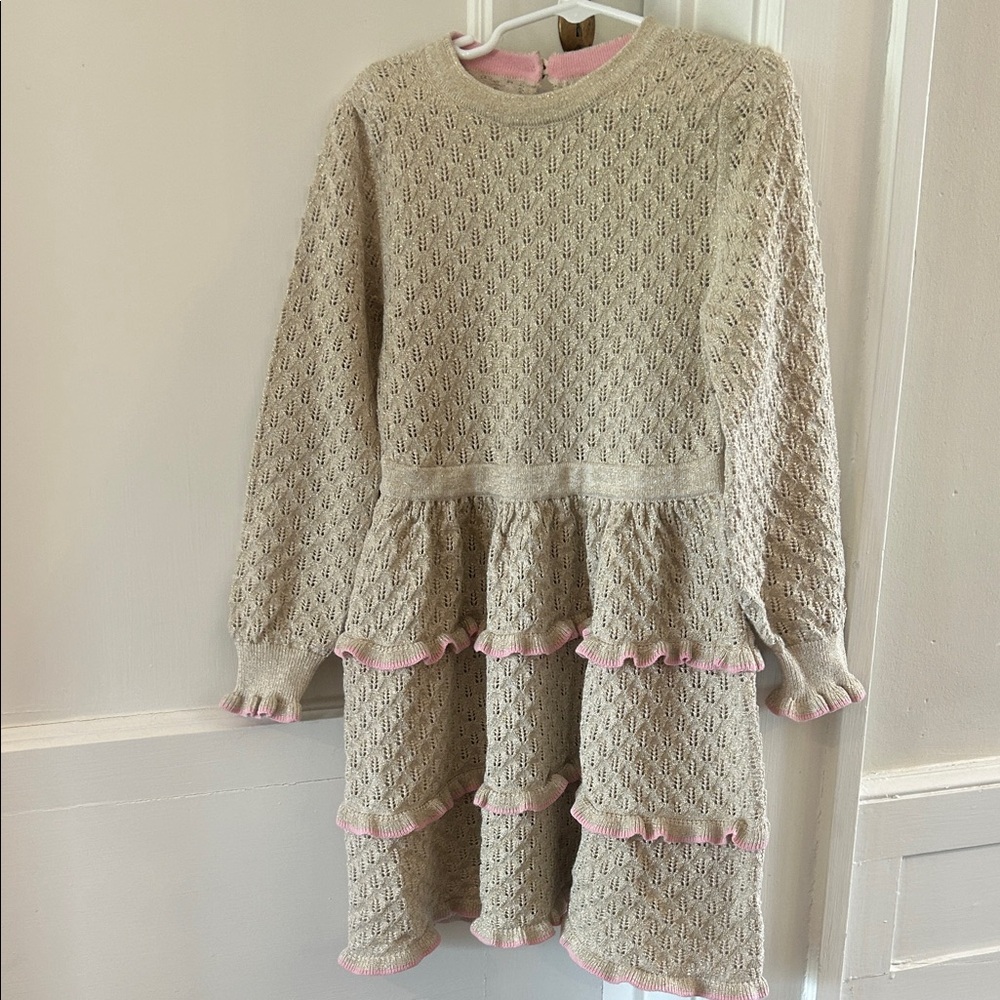 Mini Boden Gold Tiered Sweater Dress with Pink Trim